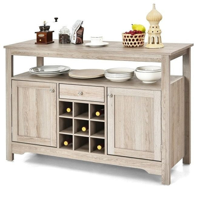 Gray Oak Buffet Server 9 Bottle Wine Cabinet Console-0