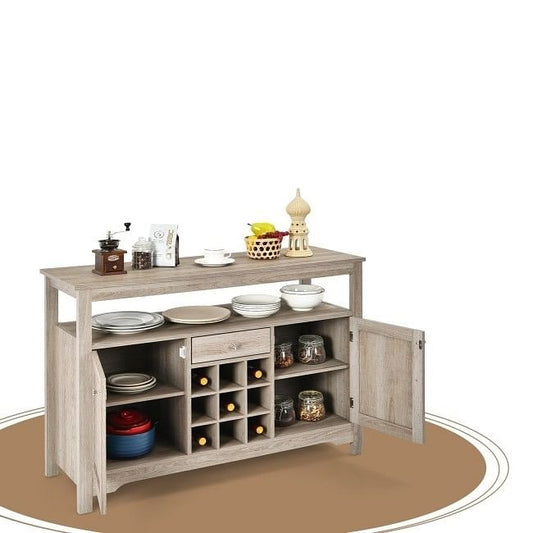 Gray Oak Buffet Server 9 Bottle Wine Cabinet Console-1