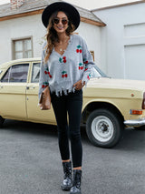 Cherry Pattern V-Neck Fringe Cropped Sweater