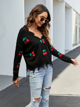 Cherry Pattern V-Neck Fringe Cropped Sweater