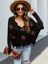 Cherry Pattern V-Neck Fringe Cropped Sweater