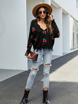 Cherry Pattern V-Neck Fringe Cropped Sweater
