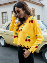 Cherry Pattern V-Neck Fringe Cropped Sweater