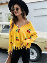 Cherry Pattern V-Neck Fringe Cropped Sweater