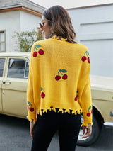 Cherry Pattern V-Neck Fringe Cropped Sweater
