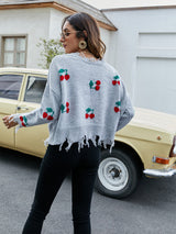 Cherry Pattern V-Neck Fringe Cropped Sweater