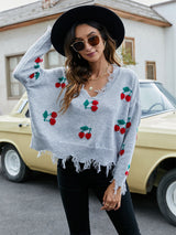 Cherry Pattern V-Neck Fringe Cropped Sweater