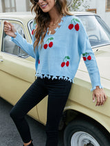 Cherry Pattern V-Neck Fringe Cropped Sweater