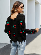 Cherry Pattern V-Neck Fringe Cropped Sweater