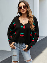 Cherry Pattern V-Neck Fringe Cropped Sweater