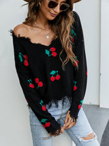 Cherry Pattern V-Neck Fringe Cropped Sweater