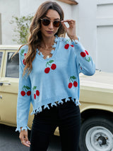 Cherry Pattern V-Neck Fringe Cropped Sweater