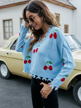 Cherry Pattern V-Neck Fringe Cropped Sweater