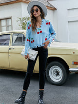 Cherry Pattern V-Neck Fringe Cropped Sweater