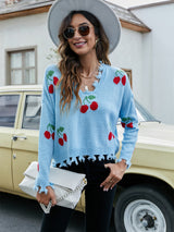 Cherry Pattern V-Neck Fringe Cropped Sweater