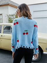 Cherry Pattern V-Neck Fringe Cropped Sweater