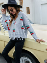 Cherry Pattern V-Neck Fringe Cropped Sweater
