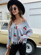 Cherry Pattern V-Neck Fringe Cropped Sweater