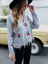 Cherry Pattern V-Neck Fringe Cropped Sweater