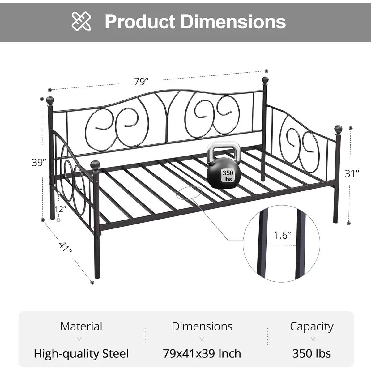 Twin size French Country Style Black Metal Day Bed Frame-4