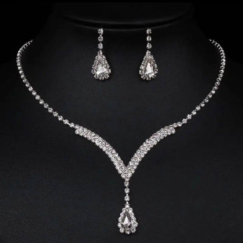 Bridal Jewelry Set with V-Neck Drop Pendant and Earrings