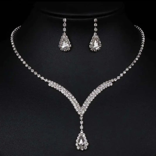 Bridal Jewelry Set with V-Neck Drop Pendant and Earrings