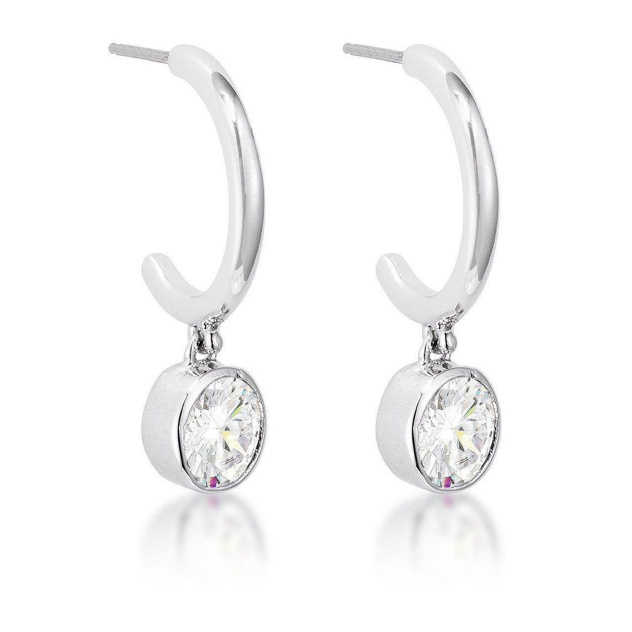 7mm Cz Rhodium Plated Drop Hooplet Earrings-0