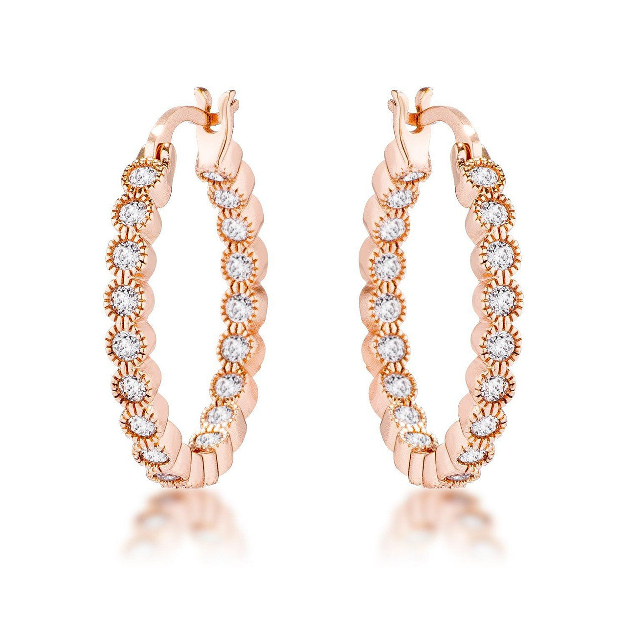 Rose Gold Plated Dotted Clear CZ Round Bezel Hoop Earrings-0