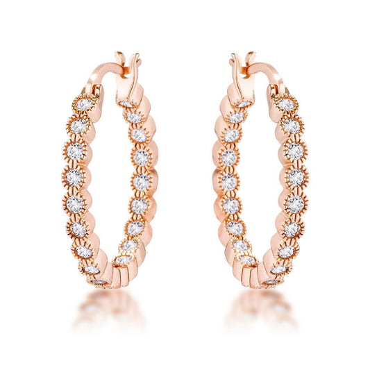 Rose Gold Plated Dotted Clear CZ Round Bezel Hoop Earrings-0