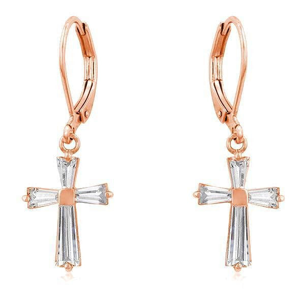 Rose Gold Plated CZ Cross Drop Earrings-0