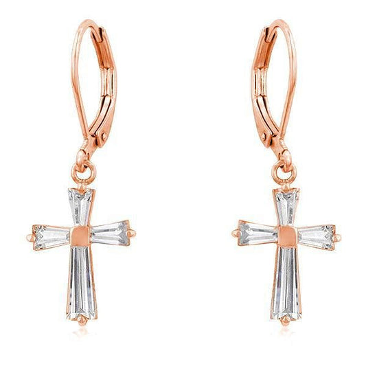 Rose Gold Plated CZ Cross Drop Earrings-0