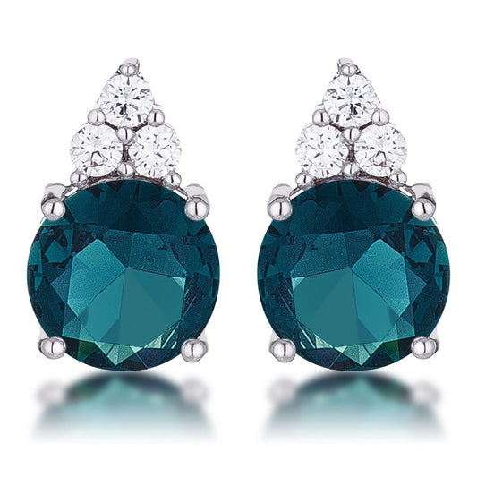 Simple Rhodium Plated 9mm Blue Green CZ Stud Earring-1