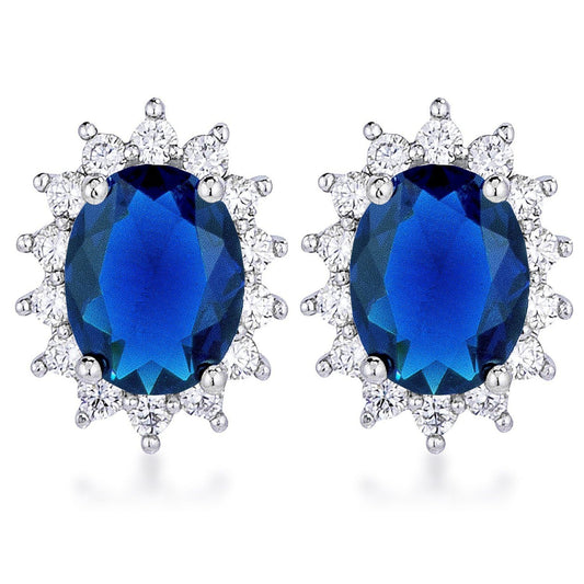 Rhodium Plated Sapphire Blue Petite Royal Oval Earrings-0