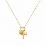 Faith & Love Charm Necklace – Gold-Tone Chain with Heart, Cross, and Pearl Charms