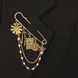 Floral Ribbon Pin Brooch – Elegant Gold Safety Pin with Charms and Pearl Chains