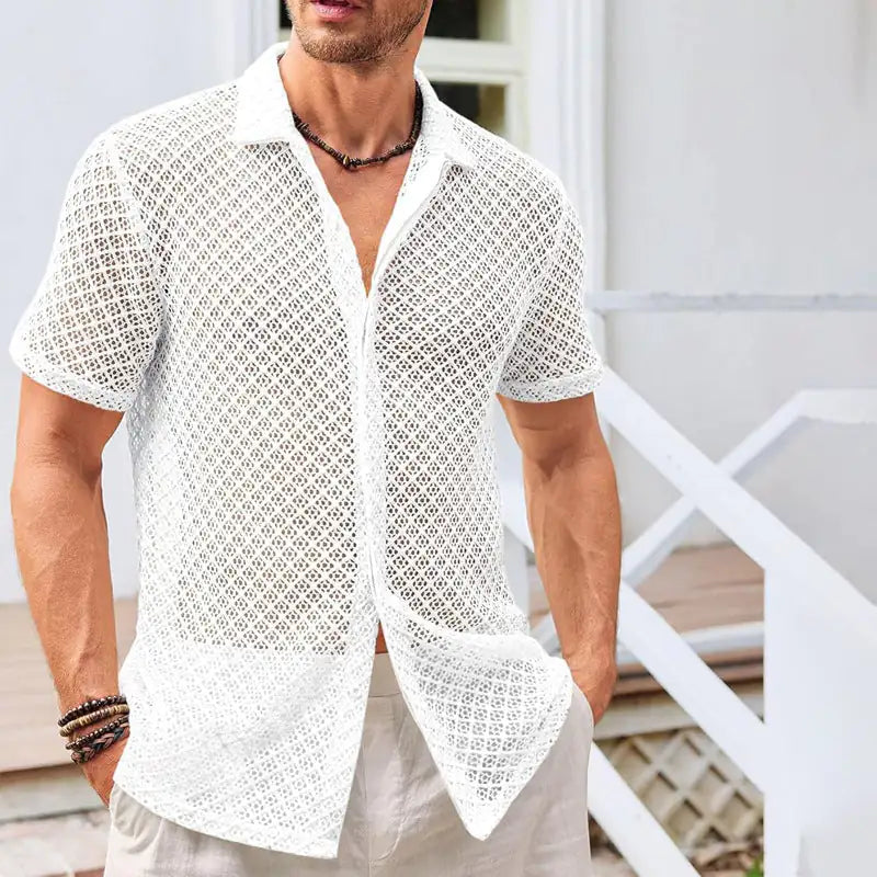 Vintage Style Summer Mesh Short Sleeve Shirt  Men Clothing