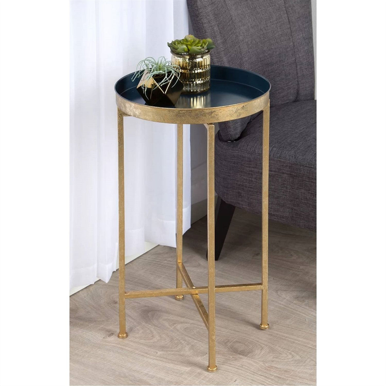 Gold Finish Metal Round End Table Nightstand with  Removable Navy Blue Tray Top-2