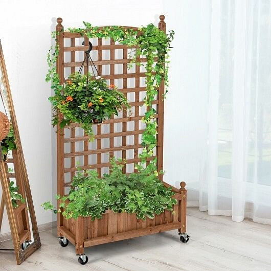 50 Inch Wood Planter Box with Trellis Mobile Raised Bed for Climbing Plant-0