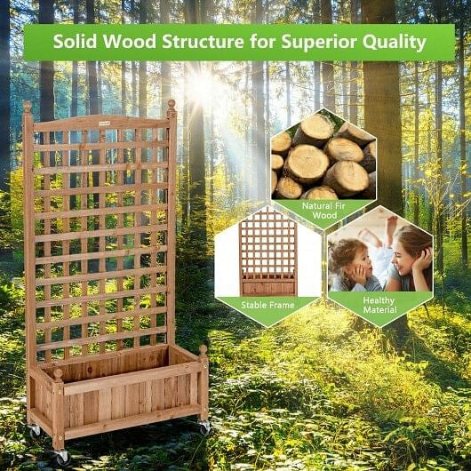 50 Inch Wood Planter Box with Trellis Mobile Raised Bed for Climbing Plant-1