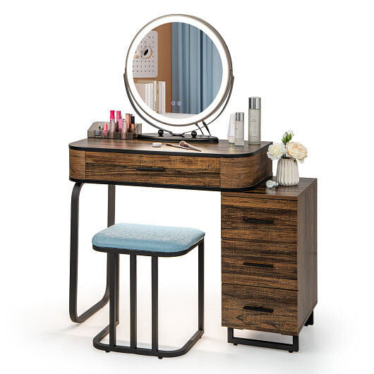 Vanity Table Set with 3-Color Lighted Mirror and Charging Station-Brown-0