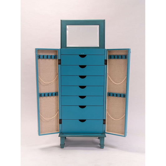 Vintage Turquoise Hand Painted Jewelry Armoire with Antique Drawer Pulls-1