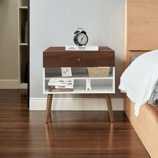 Mid-Century Nightstand with Drawer and Rubber Wood Legs-0