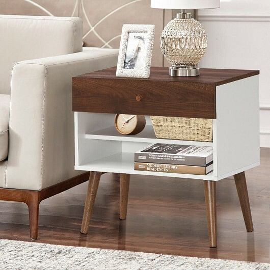 Mid-Century Nightstand with Drawer and Rubber Wood Legs-1