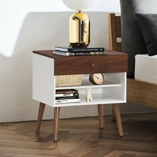 Mid-Century Nightstand with Drawer and Rubber Wood Legs-2