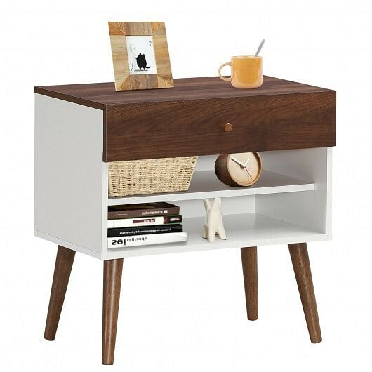 Mid-Century Nightstand with Drawer and Rubber Wood Legs-3