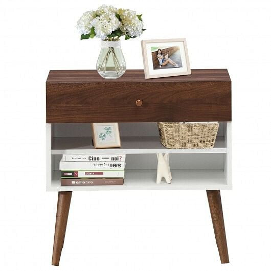 Mid-Century Nightstand with Drawer and Rubber Wood Legs-4