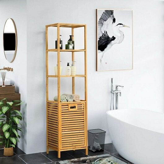 Bamboo Tower Hamper Organizer with 3-Tier Storage Shelves-Natural-1