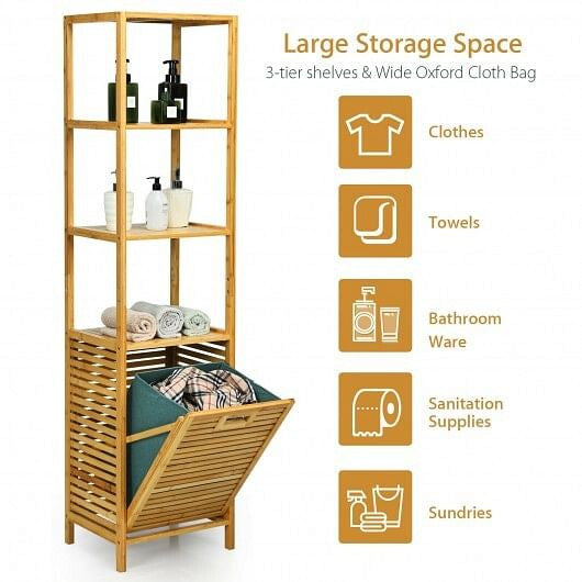 Bamboo Tower Hamper Organizer with 3-Tier Storage Shelves-Natural-2