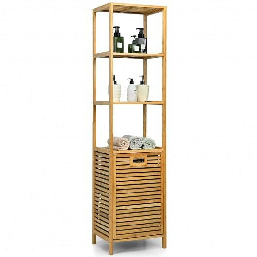 Bamboo Tower Hamper Organizer with 3-Tier Storage Shelves-Natural-0