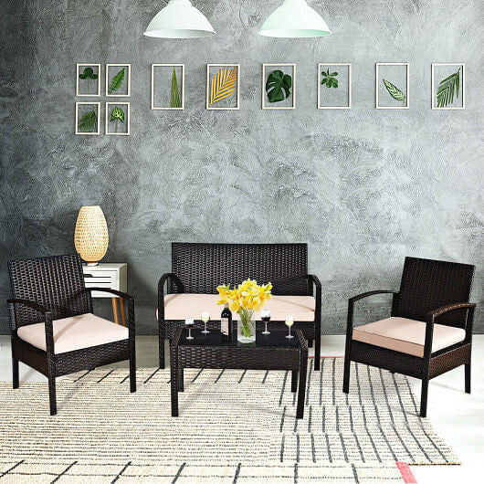 4 Pieces Patio Ratten Conversation Set with Loveseat Sofas and Coffee Table-1